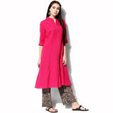 Band Collar A-line Plain Kurta with Kalamkari Pants