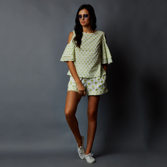 Handblock Printed Cold-Shoulder Top & Shorts Set