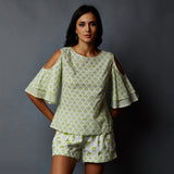 Handblock Printed Cold-Shoulder Top & Shorts Set