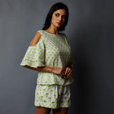 Handblock Printed Cold-Shoulder Top & Shorts Set