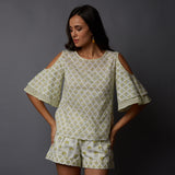 Handblock Printed Cold-Shoulder Top & Shorts Set