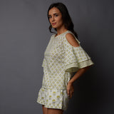 Handblock Printed Cold-Shoulder Top & Shorts Set