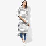 Shirt Collar High-Low Mangalgiri Striper Kurta - Indian Dobby