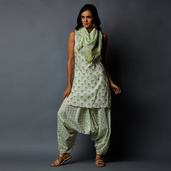 Handblock Printed Tunic, Harem Pants & Scarf Set