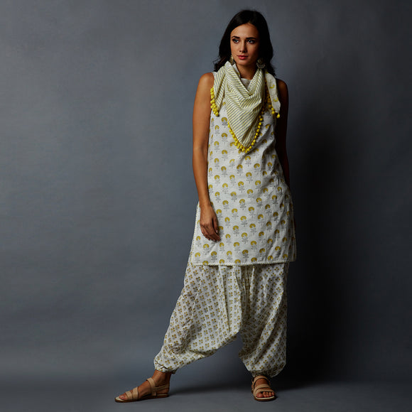 Handblock Printed Tunic, Harem Pants & Scarf Set