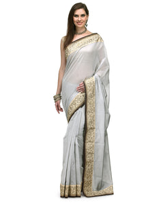 Embroidered Border Pure Chanderi Grey Saree - Indian Dobby