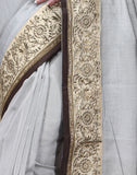 Embroidered Border Pure Chanderi Grey Saree - Indian Dobby