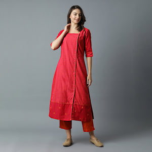 Square Nk Fuschia Mesh Kurta & Rust Striper Pant Set