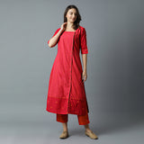 Square Nk Fuschia Mesh Kurta & Rust Striper Pant Set