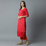 Square Nk Fuschia Mesh Kurta & Rust Striper Pant Set