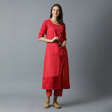 Square Nk Fuschia Mesh Kurta & Rust Striper Pant Set