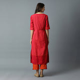 Square Nk Fuschia Mesh Kurta & Rust Striper Pant Set