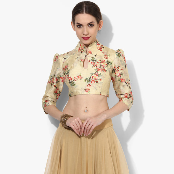 Chinese Collar Vintage Floral Blouse - Indian Dobby