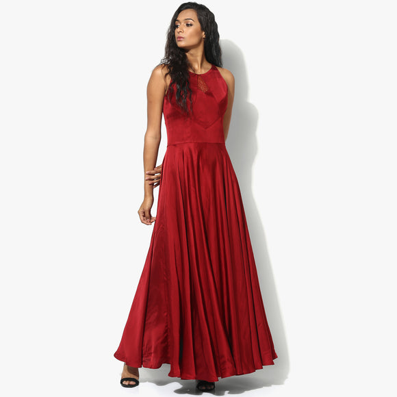 Chantilly Lace Insert Modal Satin Long Dress - Indian Dobby