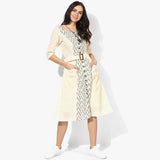 Flared Belted Ikat Dress - Indian Dobby