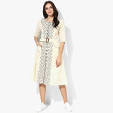 Flared Belted Ikat Dress - Indian Dobby